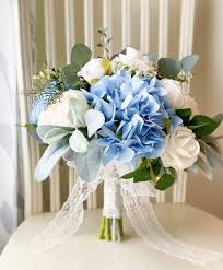 boho wedding bouquet white roses blue