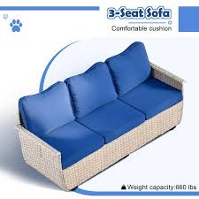 Sierra Beige 6 Piece Wicker Pet Friendly Outdoor Patio Conversation Sofa Set With Swivel Chairs And Navy Blue Cushions
