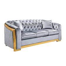 81 1 In Wide Rolled Arm Velvet Modern Rectangle 3 Seater Chesterfield Sofa Tufted Couch With Gold Stainless In Gray Grey