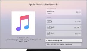 a tv open to the apple membership screen the cancel subscription on is selected