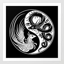 black dragon phoenix yin yang art print