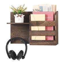 Oumilen Brown Wall Mounted Wooden Mail Sorter Organizer With 3 Key Hooks Rustic Floating Shelf