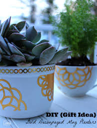 gold decoupaged succulent mug planters