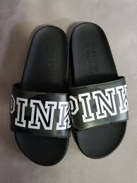 Victorias Secret Pink Slides Sandals Black Camo Logo Small