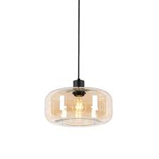 Art Deco Hanglamp Zwart Met Amber Glas