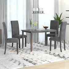 gojane 5 piece gray farmhouse rustic wood dining table set with 4 upholstered dining chairs