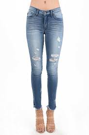 Kancan Jeans Destructed Skinny Jeans With Raw Hem In Medium