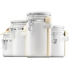 Oggi 4pc clear canister set with clamp lids & spoons airtight containers in sizes ideal for kitchen pantry storage of bulk dry foods including flour sugar coffee rice tea spices herbs. Anchor Hocking Ceramic Canister Set With Wooden Spoons 4 Canisters Walmart Com Walmart Com