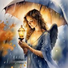 Красивый ангел под дождём держит …» — создано в Шедевруме