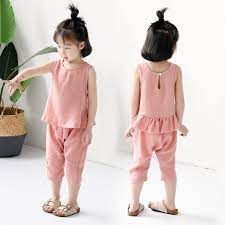 Bộ đồ cho bé gái kiểu Hàn Quốc bé gái thời trang mùa hè cotton và vải lanh