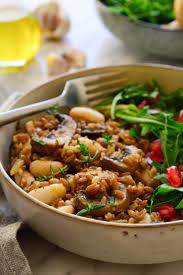 mushroom farro with beans and herbs