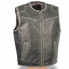 Milwaukee Mens Collarless Distressed Gray Leather Motorcycle Vest