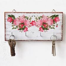 Wall White Wooden Key Holder Pink Roses