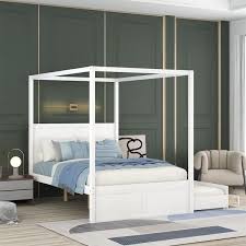 White Wood Frame Queen Size Canopy Bed