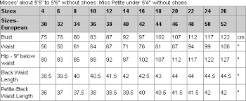 International Size Chart Misses Miss Petite Crafts