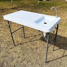 Tileon Foldable Multi Functional Outdoor Garden Fish And Game Cutting Cleaning Camp Table With Sink And Faucet Combo Off White