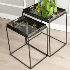 White square coffee table faux marble accent table with storage stainless steel. Urban Deco Amara Black Metal And Decal Marble Effect Nest Of Tray Tables Cfs Furniture Uk