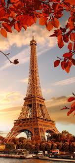 Eiffel Tower, red leaves, twigs, autumn ...