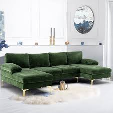 Homefun 110 In W Green 4 Piece U Shaped Fabric Modern Sectional Sofa With 2 Arms And Golden Metal Legs
