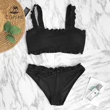Us 13 8 12 Off Cupshe Black Solid Bikini Set Women Plain Ruffle Crop Top Thong Two Pieces Swimwear 2019 Girl Beach Bathing Suits Swimsuits In