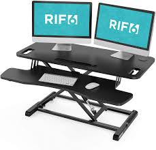 The standing height of this sit stand desk can be adjusted between seven inches and 16 inches, and the pump assisted lift mechanism makes it easy to adjust in just a matter of seconds. Rif6 Adjustable Height Standing Desk Converter 32 Inch Wide Laptop Riser Or Dual Monitor Workstation Easily Sit Or Stand With Gas Spring Lift Black