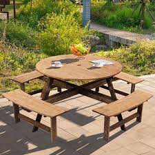 Round Wood Picnic Table And Built In