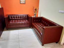 wooden 5 seater brown leather sofa set