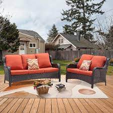 Xizzi Vincent 2 Piece Wicker Outdoor Patio Conversation Seating Sofa Set With Orange Red Cushions
