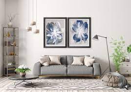 Navy Blue Gray Flower Wall Art Prints