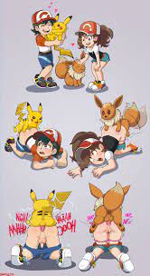 shadman, chase (pokemon), eevee, elaine (pokemon), pikachu, sneaker,  creatures (company), game freak, nintendo, pokemon, pokemon (game), pokemon  lgpe, highres, 1boy, 1girl, ahegao, all fours, anal, anus, ass, ass grab,  baseball cap, bent