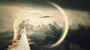 Beautiful drawing of the landscape with the woman in white dress on the  Heaven stairs free image download