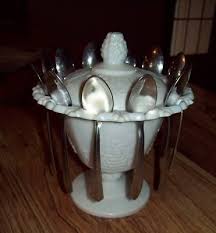 milk glass sugar bowl with 12 spoons