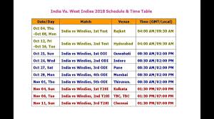 India Vs West Indies 2018 Schedule Time Table 3 T20 5 Odi 2 Test
