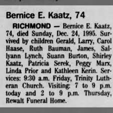 obituary for bemice e kaatz aged 74
