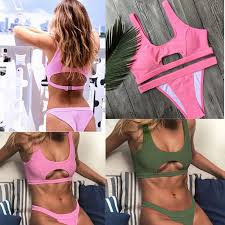 Us 7 12 5 Off 2018 Hollow Women Bikinis Set Swimwear Candy Pink And Army Green Mid Wasit Solid Swimsuits Push Up Padded Bra Bathing Suits In Bikinis