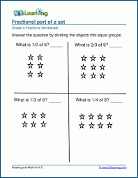 It includes a review of grade 4 topics, including times tables practice. Fractional Part Of Sets Worksheets K5 Learning