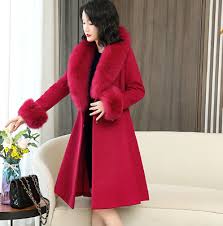 Women Faux Fur Collar Long Jacket Wool