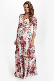 Ivory Floral Draped 3 4 Sleeve Maternity Maxi Dress
