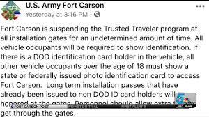 Check spelling or type a new query. Fort Carson Suspends Trusted Traveler Program Indefinitely