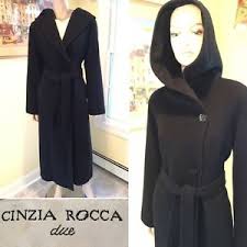 Details About Cinzia Rocca Black 100 Virgin Wool Hooded Belted Long Coat Size 12 Large Italy