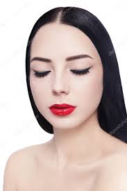 cat eyes and red lipstick stock photo