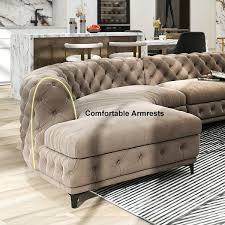 curved khaki sectional chesterfield sofa 5 seater upholstered velvet stainless steel leg