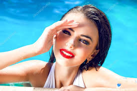 y woman on pool party stock photo