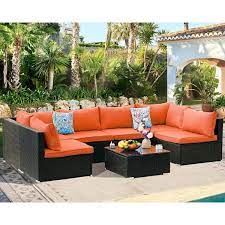 Runesay 7 Piece Pe Rattan Wicker Outdoor Sectional Patio Furniture Conversation Set With Orange Cushions And 2 Pillow For Garden