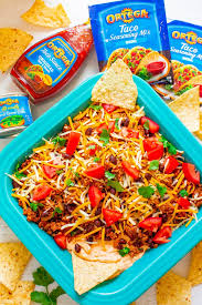 layered taco dip with ground beef