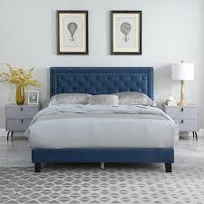Morden Fort Blue Velvet Tufted Queen Bed Frame With Upholstered Headboard No Box Spring Needed