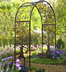 metal arched garden arbor with tree of