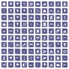 100 Street Lighting Icons Set In Grunge Style Sapphire Color