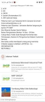 Kawasan industri pengolah logam yang dikelola oleh pt indonesia morowali industrial park (imip) menjadi gula bagi semut kawasan pabrik dengan 16 perusahaan di dalamnya ini membutuhkan pekerja yang besar. Info Loker Imip Morowali Industrial Park Imip Home Facebook