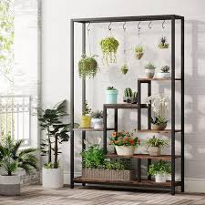 byblight wellston 70 86 in brown 5 tier wooden indoor plant stand tall flower rack with 10 hook